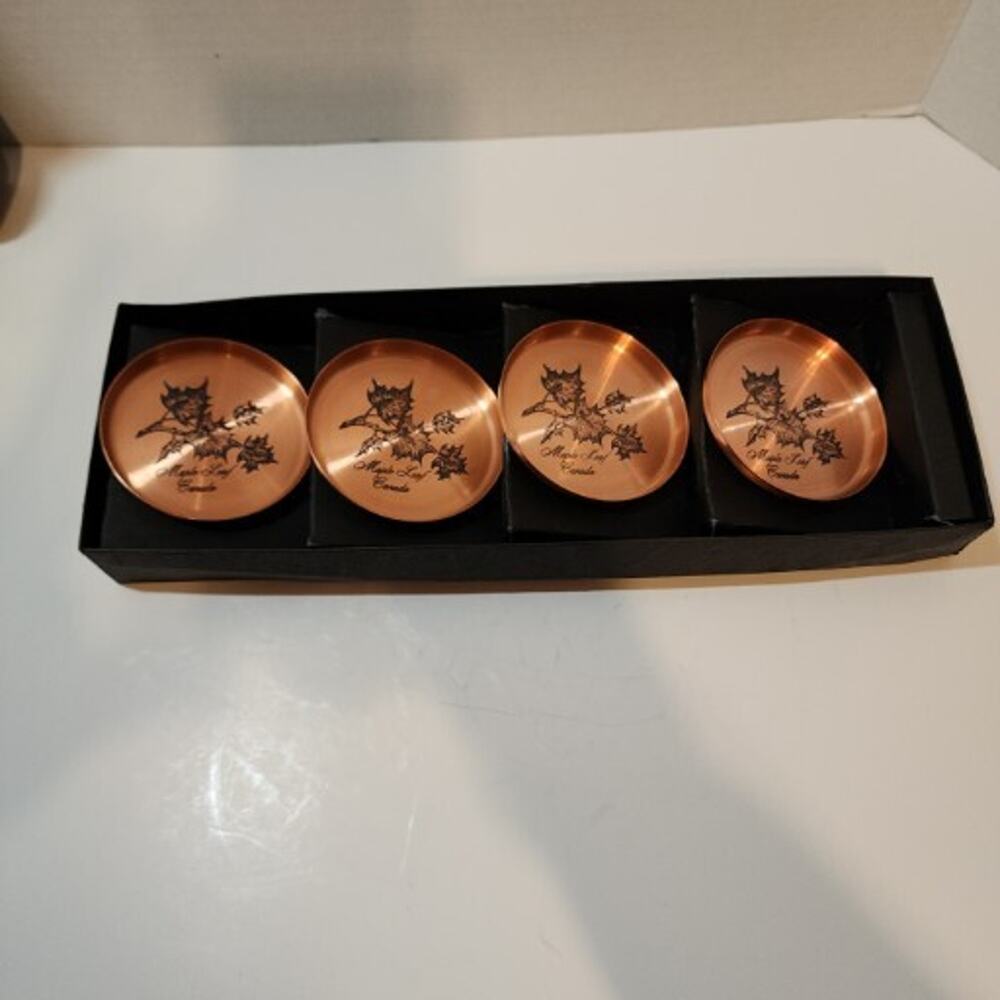 Vtg Fantasy Copperware Set of 4 Coasters Maple Leaf Canada Barware